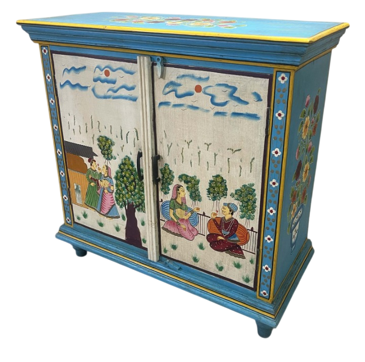 Hand-Painted Rustic Accent Cabinet Solid Wood Folk Art Storage Cabinet Vintage Bohemian Sideboard for Living Room Bedroom Entryway