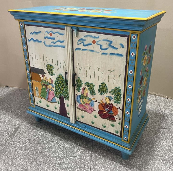Hand-Painted Rustic Accent Cabinet Solid Wood Folk Art Storage Cabinet Vintage Bohemian Sideboard for Living Room Bedroom Entryway