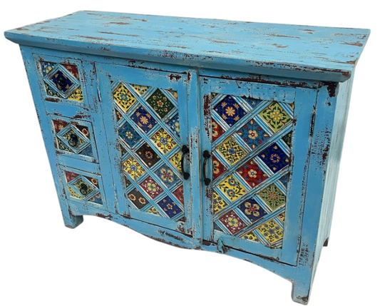 Bohemian Blue Accent Cabinet Solid Wood Rustic Storage Sideboard Distressed Farmhouse Console Cabinet for Living Room Entryway