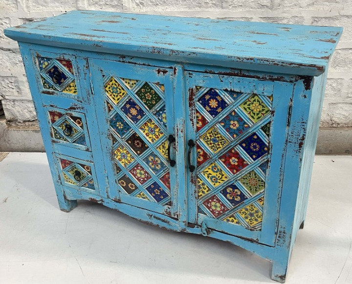 Bohemian Blue Accent Cabinet Solid Wood Rustic Storage Sideboard Distressed Farmhouse Console Cabinet for Living Room Entryway