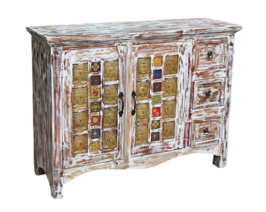 Distressed White Buddha Accent Cabinet Solid Wood Bohemian Storage Sideboard Rustic Farmhouse Cabinet for Living Room Entryway