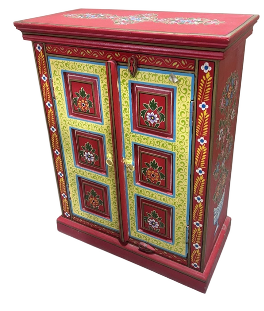 Hand-Painted Rustic Accent Cabinet Solid Wood Folk Art Storage Cabinet Vintage Bohemian Sideboard for Living Room Bedroom Entryway