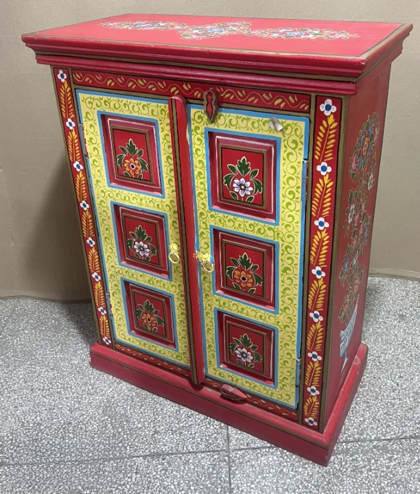 Hand-Painted Rustic Accent Cabinet Solid Wood Folk Art Storage Cabinet Vintage Bohemian Sideboard for Living Room Bedroom Entryway