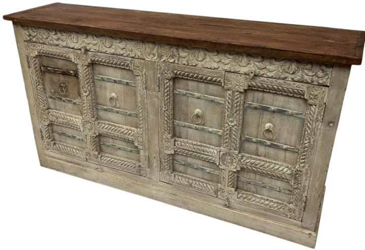 Hand Carved Rustic Accent Cabinet Solid Wood Sideboard Vintage Farmhouse Storage Cabinet for Living Room Entryway
