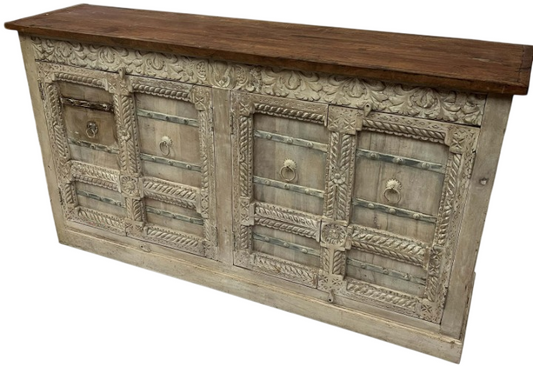 Hand Carved Rustic Accent Cabinet Solid Wood Sideboard Vintage Farmhouse Storage Cabinet for Living Room Entryway