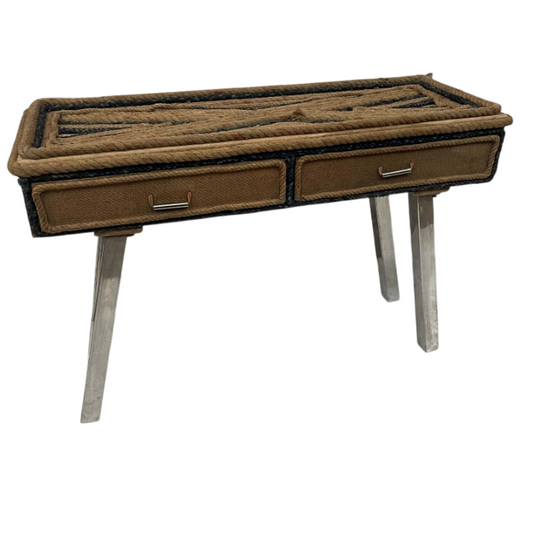 Rustic Rope Wrapped Console Table with Drawers – Coastal Farmhouse Accent Table for Entryway, Living Room & Hallway – Handcrafted Nautical Sofa Table with Metal Legs