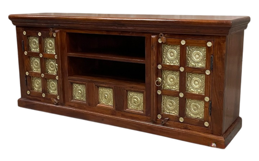 Rustic Solid Wood TV Stand Cabinet with Brass Medallion Doors – Farmhouse Entertainment Center Console for Living Room, Media Storage Accent Cabinet with Shelves