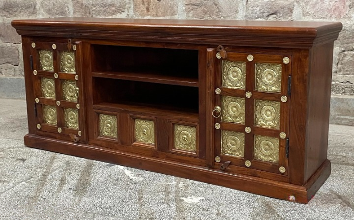 Rustic Solid Wood TV Stand Cabinet with Brass Medallion Doors – Farmhouse Entertainment Center Console for Living Room, Media Storage Accent Cabinet with Shelves
