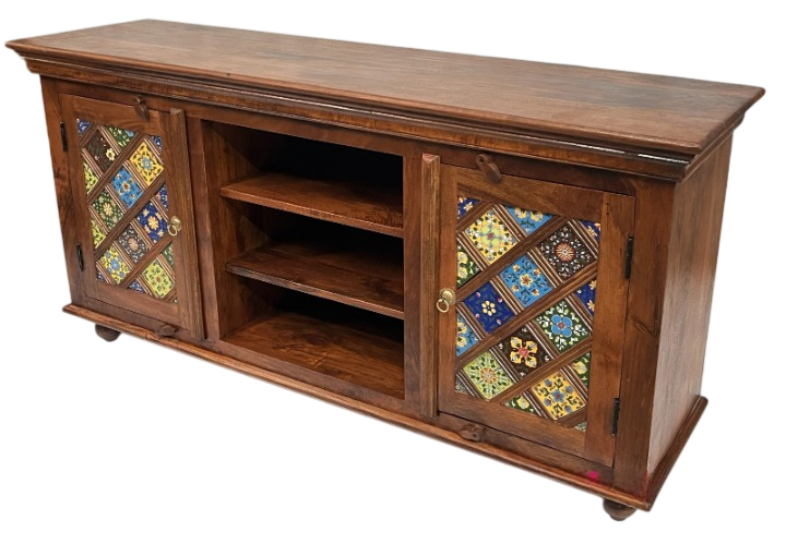 Rustic Wooden TV Stand Cabinet with Colorful Mosaic Tile Doors – Farmhouse Entertainment Center Console for Living Room, Media Storage Accent Cabinet with Shelves