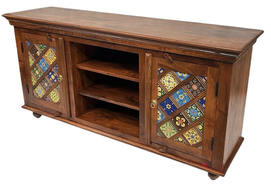 Rustic Wooden TV Stand Cabinet with Colorful Mosaic Tile Doors – Farmhouse Entertainment Center Console for Living Room, Media Storage Accent Cabinet with Shelves