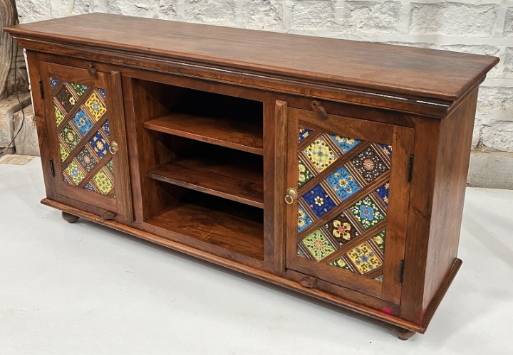 Rustic Wooden TV Stand Cabinet with Colorful Mosaic Tile Doors – Farmhouse Entertainment Center Console for Living Room, Media Storage Accent Cabinet with Shelves