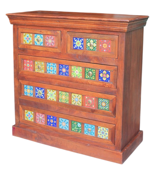Rustic Solid Wood Chest of Drawers with Colorful Mosaic Tile Accents – Farmhouse Storage Cabinet for Bedroom, Living Room & Entryway – Handcrafted Accent Dresser
