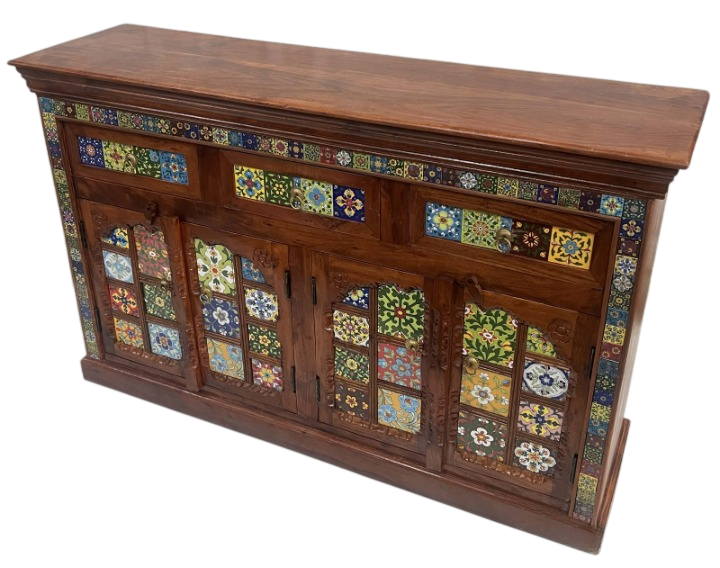 Handcrafted Wooden Sideboard Buffet Cabinet with Colorful Tile Mosaic Doors – Rustic Farmhouse Accent Storage Cabinet for Living Room, Dining Room & Entryway