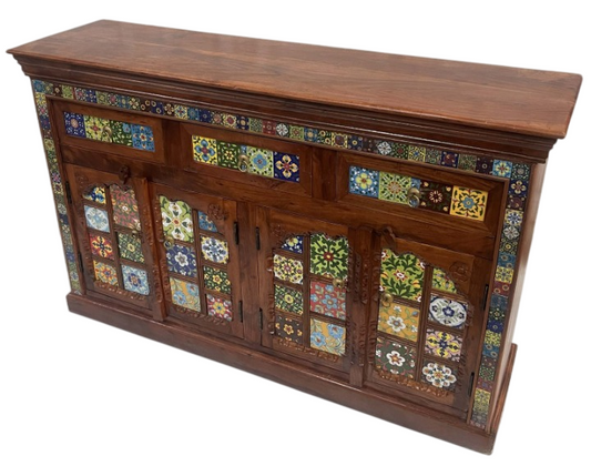 Handcrafted Wooden Sideboard Buffet Cabinet with Colorful Tile Mosaic Doors – Rustic Farmhouse Accent Storage Cabinet for Living Room, Dining Room & Entryway