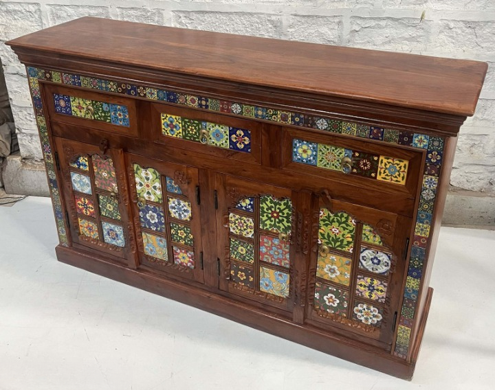 Handcrafted Wooden Sideboard Buffet Cabinet with Colorful Tile Mosaic Doors – Rustic Farmhouse Accent Storage Cabinet for Living Room, Dining Room & Entryway