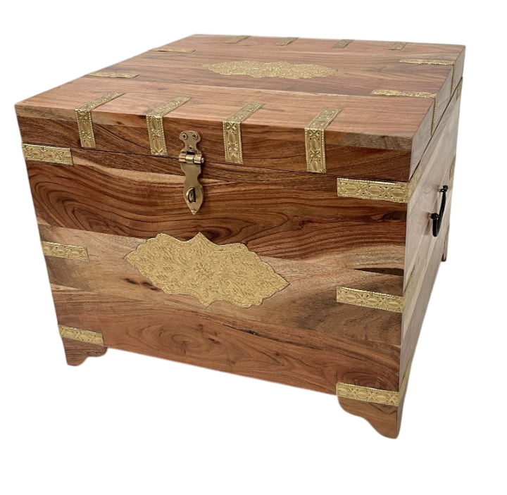 Handcrafted Solid Wood Storage Chest Trunk with Embossed Brass Accents – Rustic Farmhouse Decorative Blanket Box for Living Room, Bedroom & Entryway