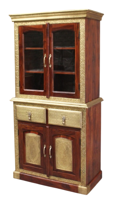 Handcrafted Solid Wood Kitchen Pantry Cabinet with Embossed Brass Metal Accents – Rustic Farmhouse Storage Cupboard with Glass Doors for Dining Room, Living Room & Entryway