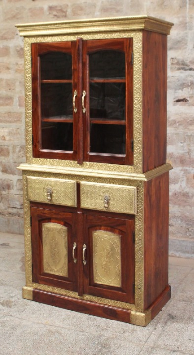Handcrafted Solid Wood Kitchen Pantry Cabinet with Embossed Brass Metal Accents – Rustic Farmhouse Storage Cupboard with Glass Doors for Dining Room, Living Room & Entryway
