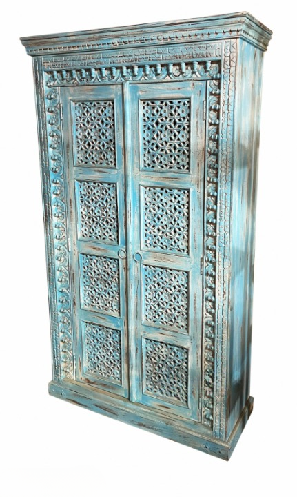Handcrafted Distressed Blue Solid Wood Armoire Cabinet – Rustic Farmhouse Wardrobe Storage Cabinet with Carved Doors for Bedroom, Living Room & Entryway