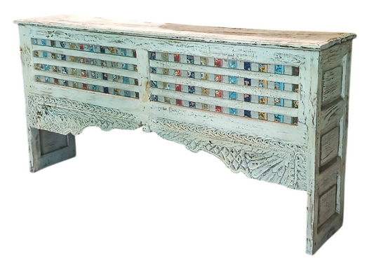 Handcrafted Distressed White Solid Wood Sideboard Cabinet with Mosaic Tile Accents – Rustic Farmhouse Console Table for Living Room, Entryway & Dining Room