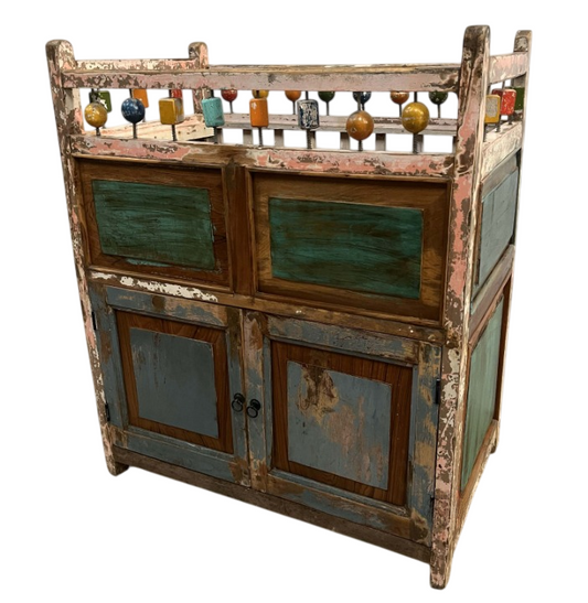 Handcrafted Rustic Solid Wood Storage Cabinet with Distressed Multicolor Finish – Vintage Farmhouse Accent Cupboard for Living Room, Entryway & Bedroom
