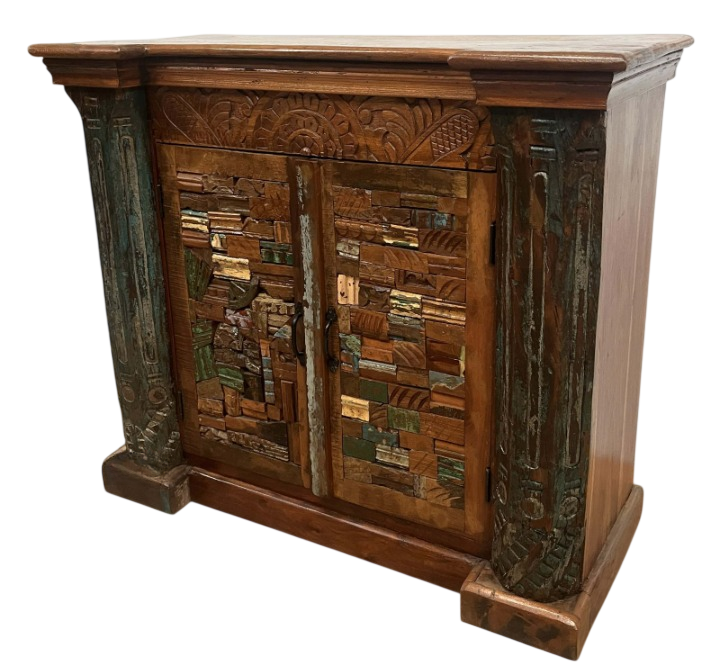 Handcrafted Rustic Reclaimed Wood Accent Cabinet with Carved Pillar Design – Farmhouse Storage Console Cabinet for Living Room, Entryway & Dining Room