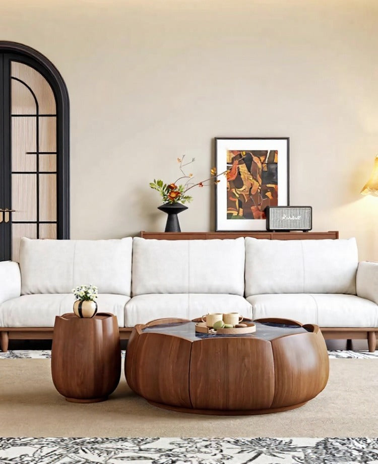 Light Luxury Marble Coffee Table Set, Modern Minimalist Designer Solid Wood Petal Shape Tea Table for Living Room