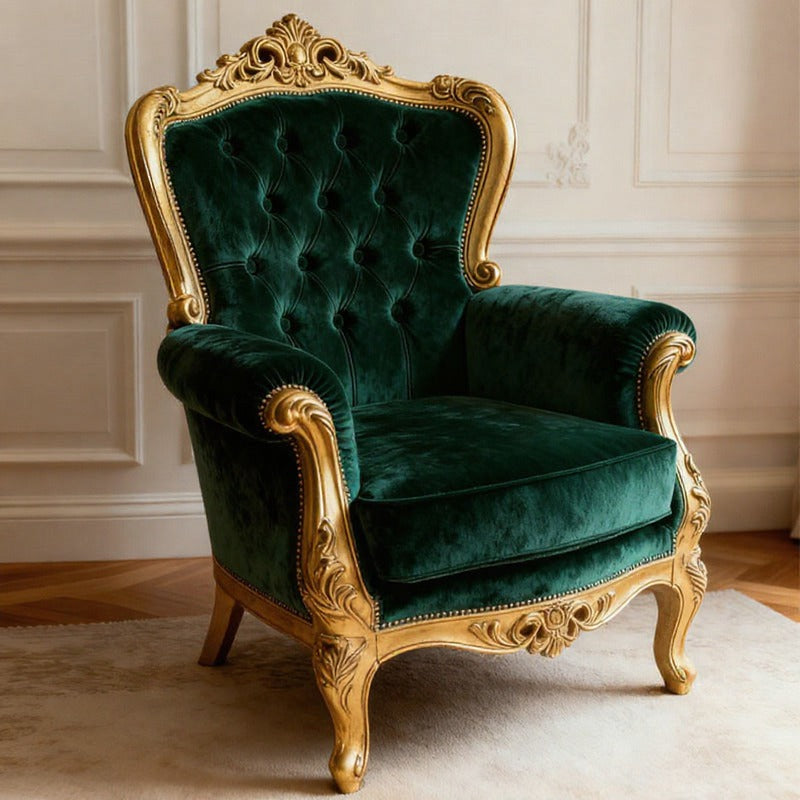 Emerald Green Velvet Accent Chair, French Style Tufted Armchair with Gold Carved Solid Wood Frame, Luxury Single Sofa Chair for Living Room, Bedroom, Lounge, Reading Nook
