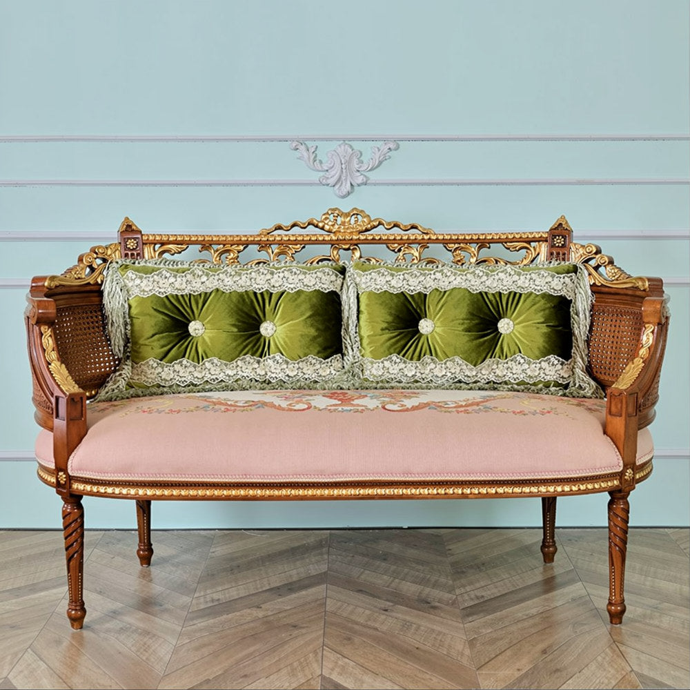 French Style Cane Loveseat Bench, Pink Upholstered Solid Wood Settee with Decorative Pillows, Carved Rattan Accent Sofa for Living Room, Bedroom, Entryway, Sunroom, Boutique Lounge