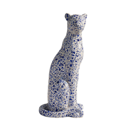 Blue and White Leopard Statue, Large Mosaic Animal Floor Sculpture, Modern Ceramic-Look Panther Decor for Entryway, Living Room, Office, Hallway, Luxury Home Accent Gift