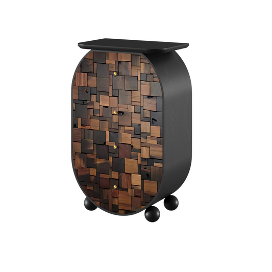 Abstract Geometric Solid Pine Storage Cabinet with 4 Drawers, Modern Oval Accent Chest, Black Finish