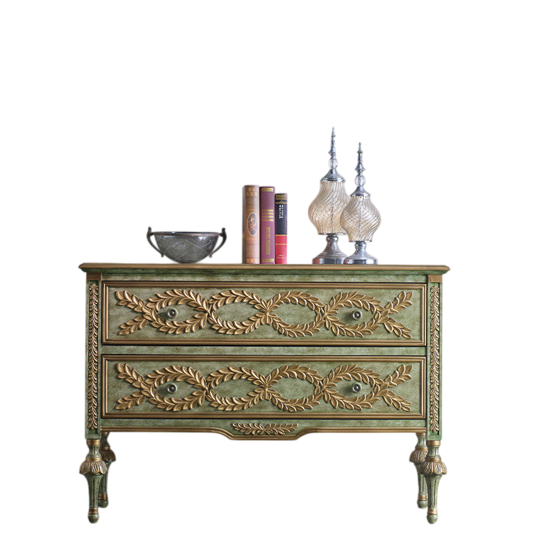 Green Solid Wood Entryway Cabinet with 2 Drawers and Gold Trim