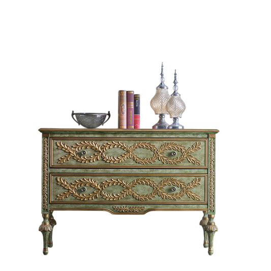 Green Solid Wood Entryway Cabinet with 2 Drawers and Gold Trim