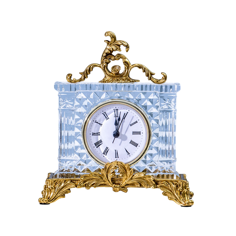 Crystal Glass Mantel Clock with Gold Accents and Roman Numerals