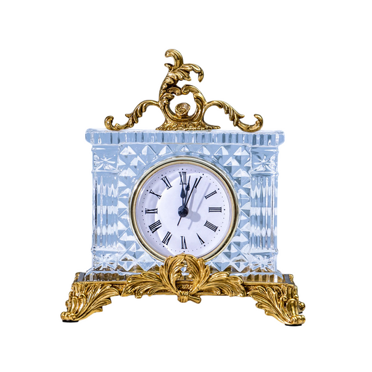 Crystal Glass Mantel Clock with Gold Accents and Roman Numerals