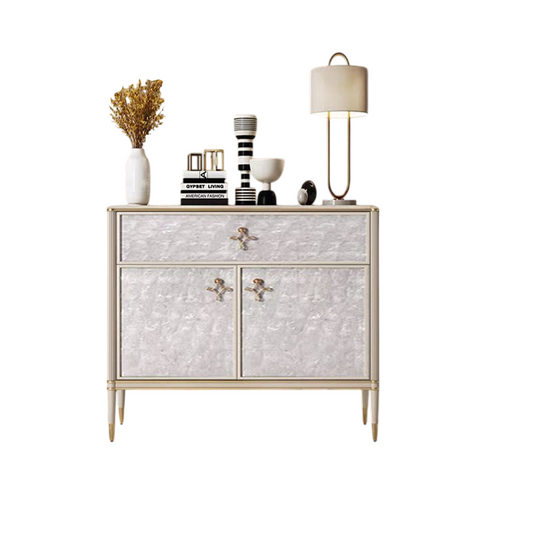 Modern 2-Door Accent Cabinet with Drawer, 35.4-Inch Pearl-Effect Storage Sideboard with Champagne Gold Frame and Tapered Legs, Decorative Entryway Cabinet for Foyer, Living Room or Dining Room