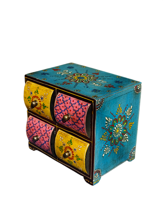 Hand-Painted Wood Jewelry Box with 4 Drawers, Turquoise Floral