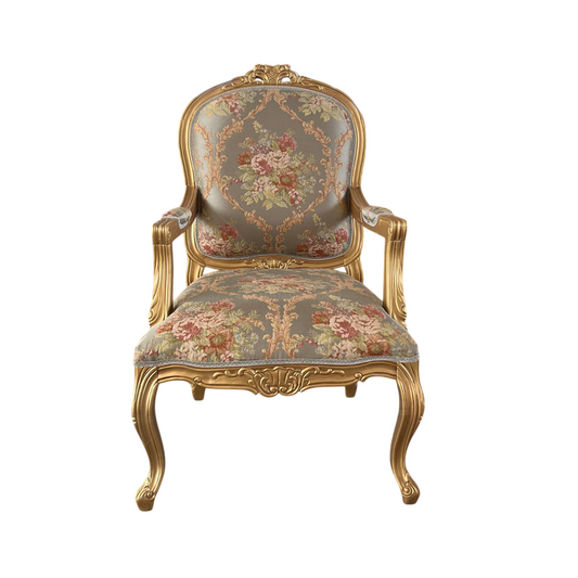 Blue Embroidered Accent Chair, French Style Carved Solid Wood Armchair with Gold Trim, Luxury Upholstered Dining Chair for Living Room, Bedroom, Office, Lounge, Vanity
