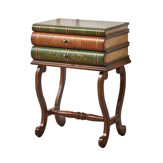 Vintage Stacked Book Side Table with 2 Drawers, 21 Inch Wide