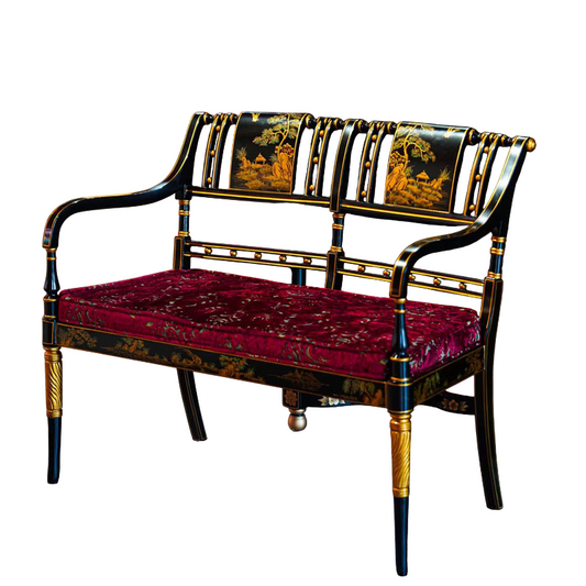 Black and Gold Solid Wood French Chinoiserie Loveseat Bench with Red Jacquard Upholstered Seat, Painted Landscape Backrest and Carved Arms for Entryway and Living Room
