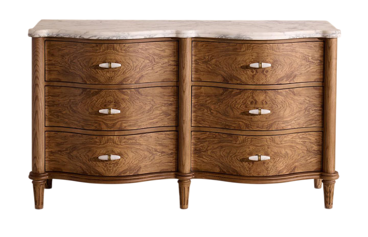 Burl Wood 6 Drawer Dresser with Marble Top, Curved Front Solid Wood Sideboard Chest, Wabi Sabi Inspired Storage Cabinet for Bedroom, Living Room, Entryway, Dining Room, and Hallway