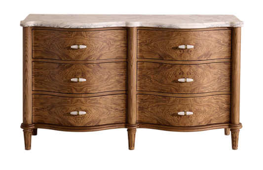 Burl Wood 6 Drawer Dresser with Marble Top, Curved Front Solid Wood Sideboard Chest, Wabi Sabi Inspired Storage Cabinet for Bedroom, Living Room, Entryway, Dining Room, and Hallway
