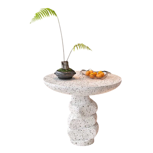 White Speckled Stone-Look Round Side Table, Sculptural Pedestal Accent Coffee Table with Organic Stacked Base for Living Room, Bedroom, Hotel, Villa and Lounge