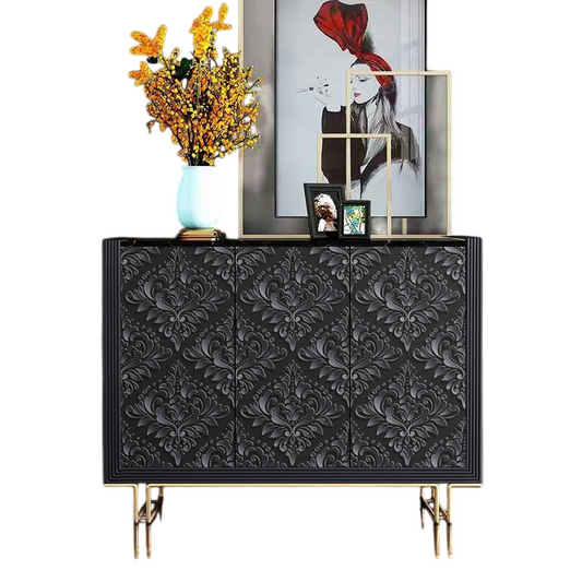 Black Carved Sideboard Cabinet, 3-Door Accent Credenza with Raised Floral Panels and Gold-Tone Legs, Decorative Entryway Storage Cabinet for Living Room, Foyer or Dining Room