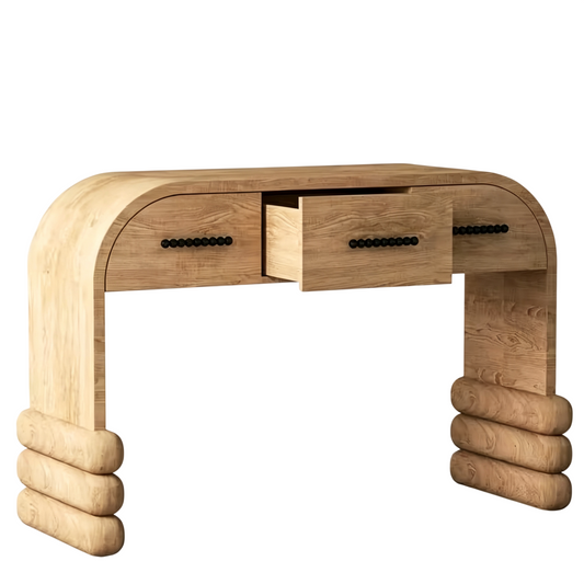 Solid Wood Console Table with 3 Drawers, Curved Entryway Table, Modern Natural Wood Hallway Table for Foyer, Living Room, Entryway, Corridor, Sofa Back, and Accent Storage