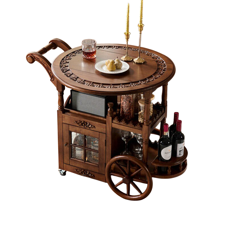 Walnut Brown Solid Wood Rolling Bar Cart with Storage Cabinet
