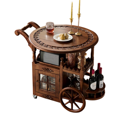 Walnut Brown Solid Wood Rolling Bar Cart with Storage Cabinet