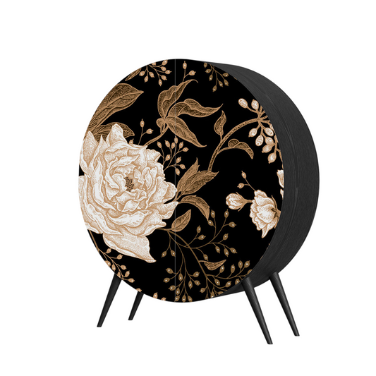Round Floral Storage Cabinet, Black Solid Wood Accent Cabinet
