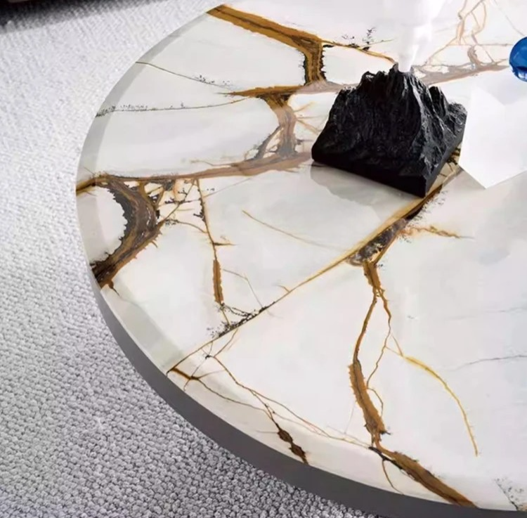 Minimalist Marble Top Round Coffee Table Set, Modern Metal Living Room Furniture for Small Spaces