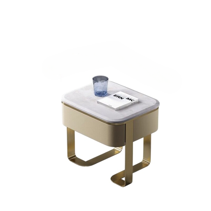 Champagne Gold Nightstand with Cary Ice Marble Top, Modern Bedside Table with Rounded Drawer, Small Bedroom Side Cabinet for Master Bedroom, Living Room, Sofa Side